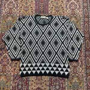 Karen Scott Mens Geometric Diamond Knit Sweater Black White Metallic Size L